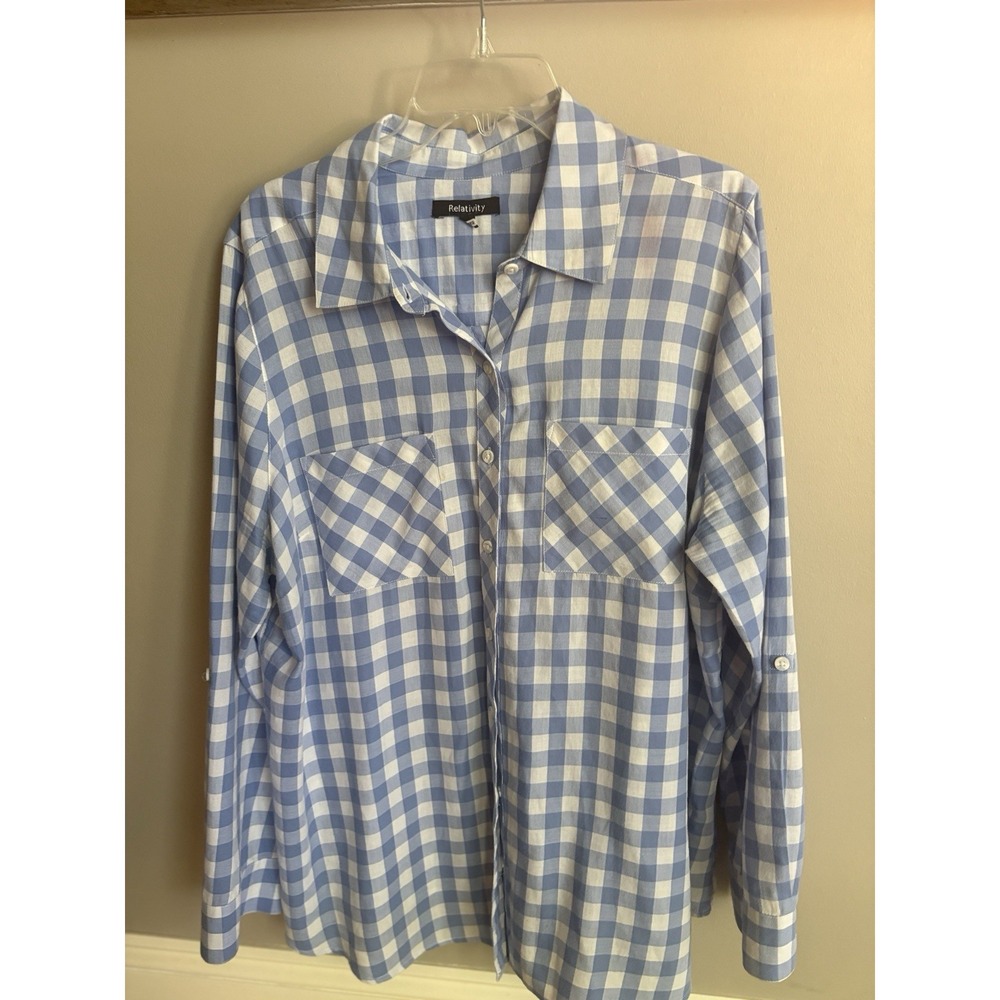 Relativety 100% Soft Cotton Womens 2X Blue & White Check Long Sleeve Comfort - Picture 3 of 11